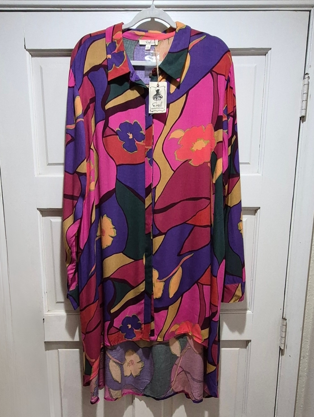 Easel Los Angeles Colorful Floral Hi-Low Shirt Dress Boho Tunic L NWT